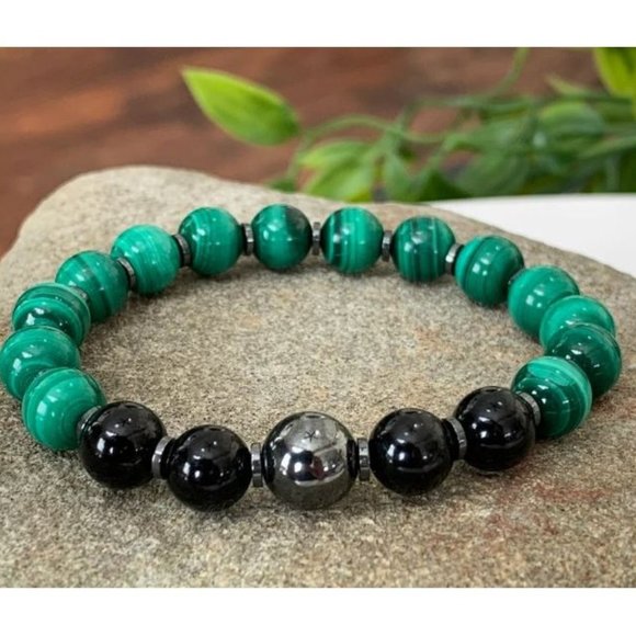10mm Polished Malachite Black Onyx Hematite Protection Stretch Bracelet - Picture 1 of 9